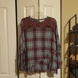 LOGO Lavish by Lori Goldstein Burgundy and Blue Long Sleeve Blouse Relaxed Fit